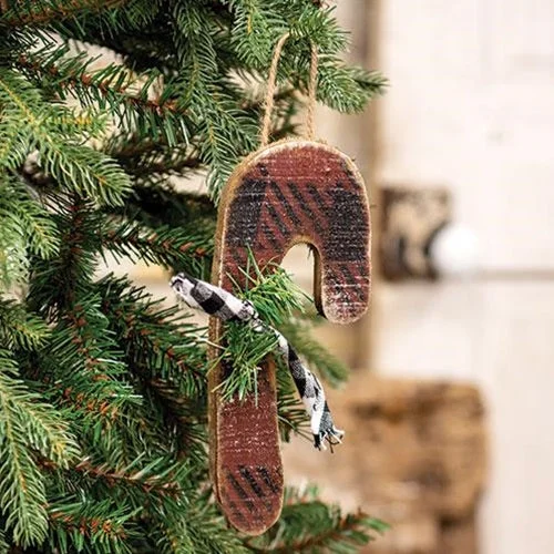 Rustic Wood Red & Black Buffalo Check Candy Cane Ornament Small