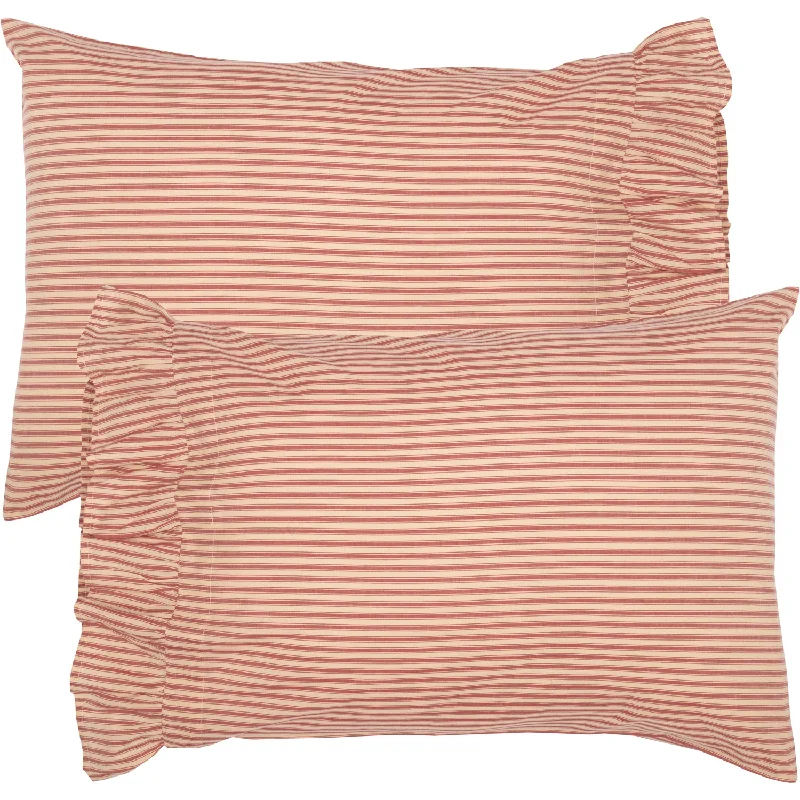 Sawyer Mill Red Ticking Stripe Ruffled Standard Pillow Case Set of 2 21x30